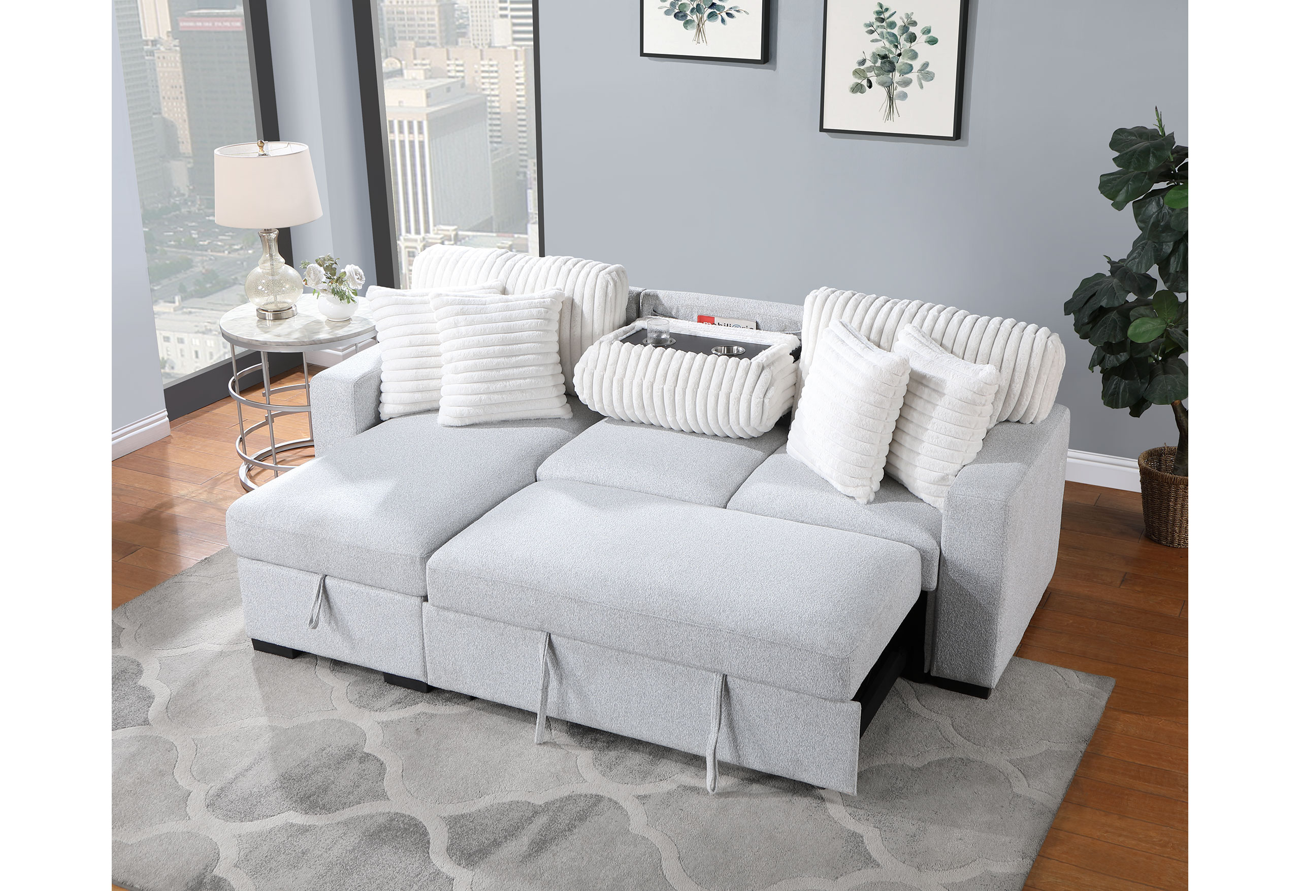 U0204 - Reversible Pullout Sofa Bed - Light Gray / White - Image 2