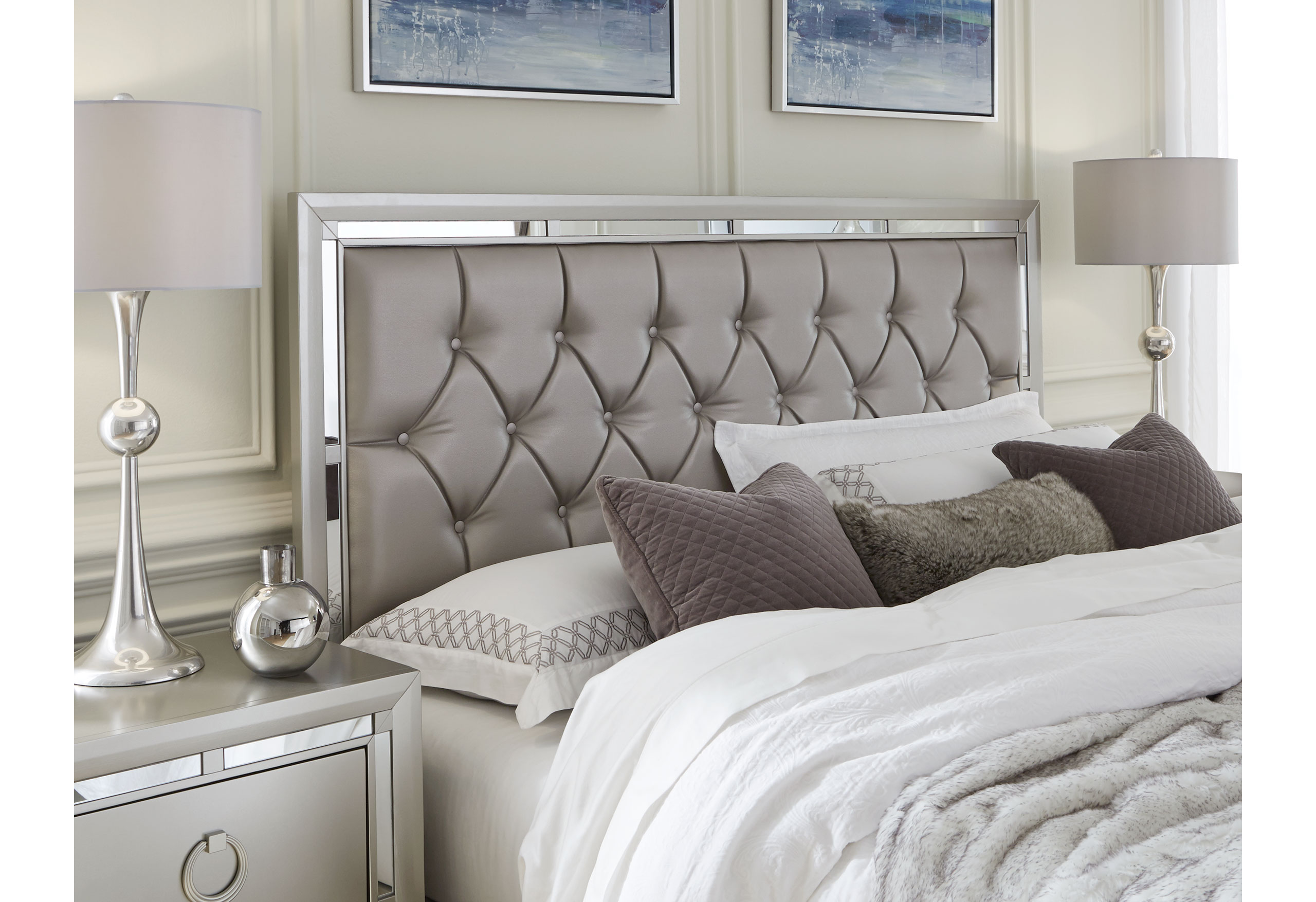 Riley - 6 Piece King Bedroom Set (Bed, 2 Dressers, Mirror, 2 Nightstands) - Silver - Image 2