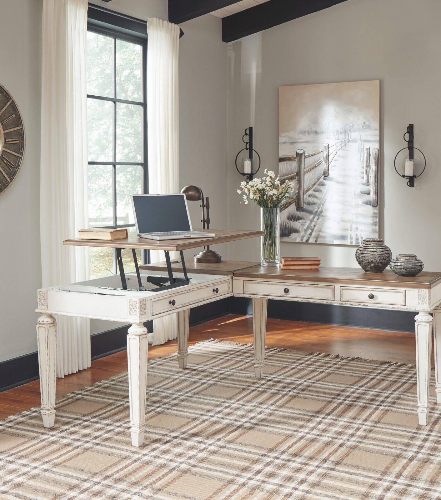 Realyn - L Shaped Desk With Lift Top - White / Brown - Image 8