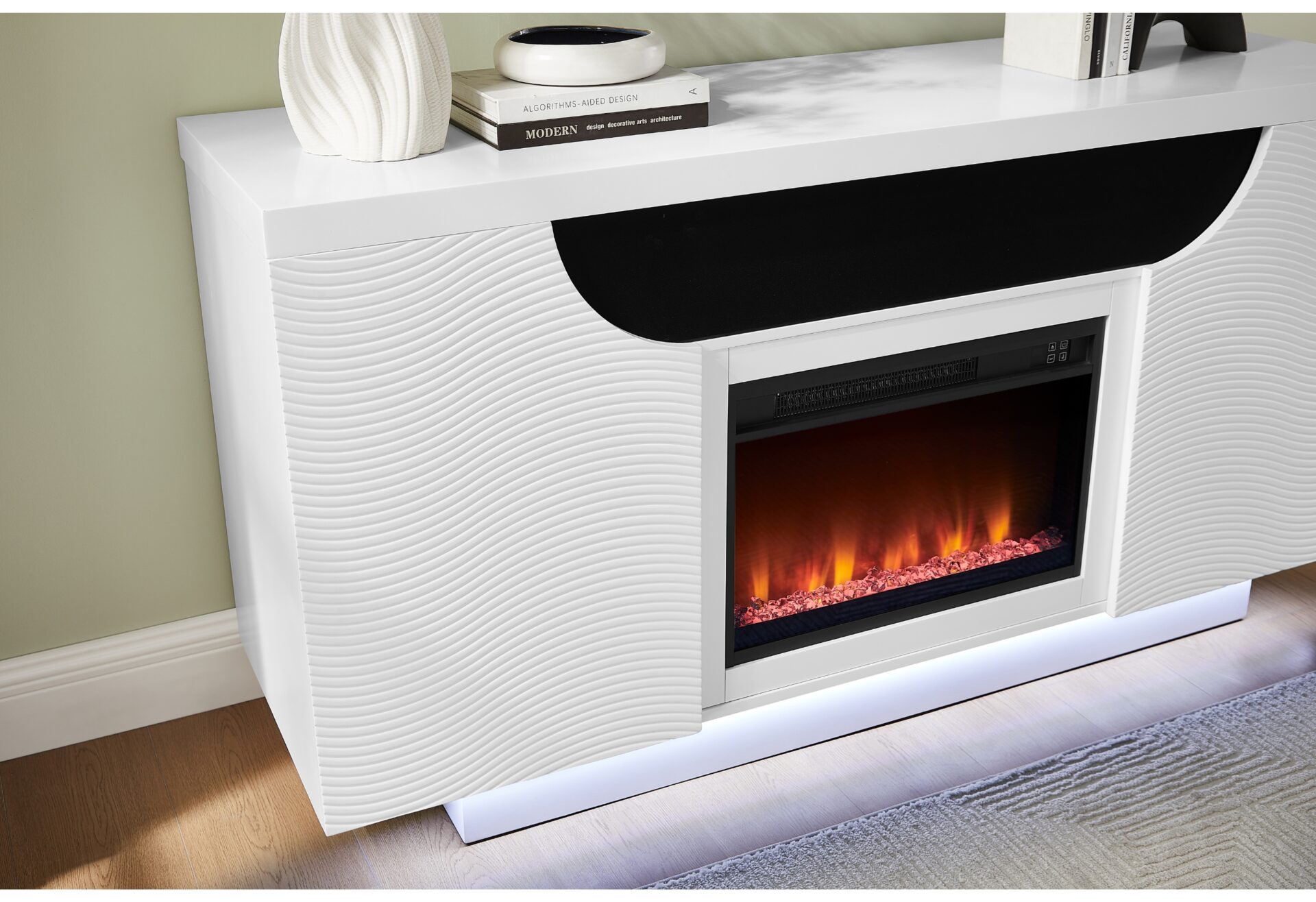 Aileen - 66" Entertainment Unit With LED, Speakers, Crystal Inserts And Pop Up Center Doors - White - Image 2