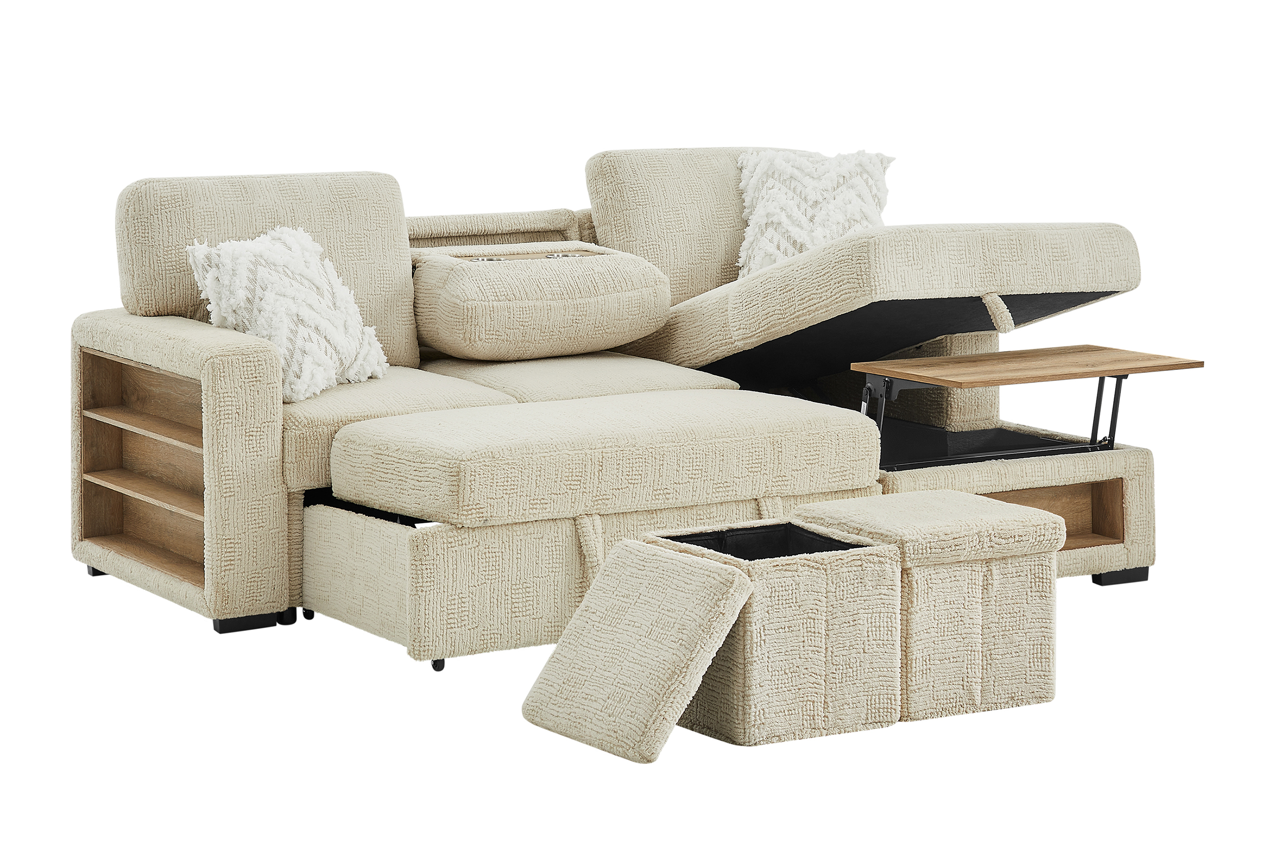 U0222 - Pull Out Sofa Bed With Speaker And 2 Pillows - Cream - Image 11