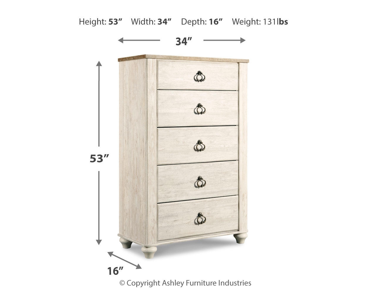 Willowton - Five Drawer Chest - Brown / Beige / White - Image 3