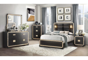 Blake - 4 Piece Full Bedroom Set (Bed With Lamps, Dresser, Mirror, Nightstand) - Black / Gold