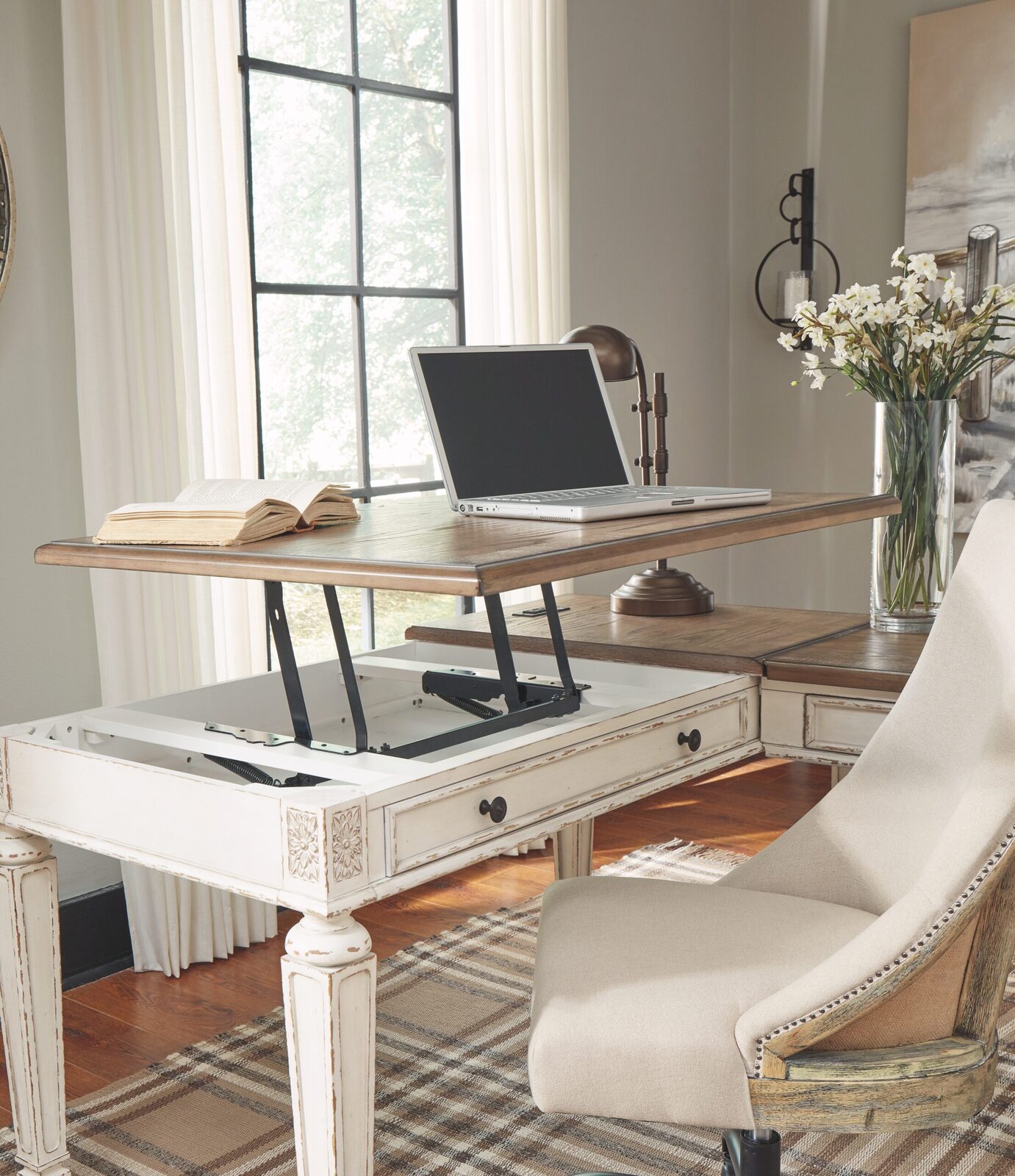 Realyn - L Shaped Desk With Lift Top - White / Brown - Image 3