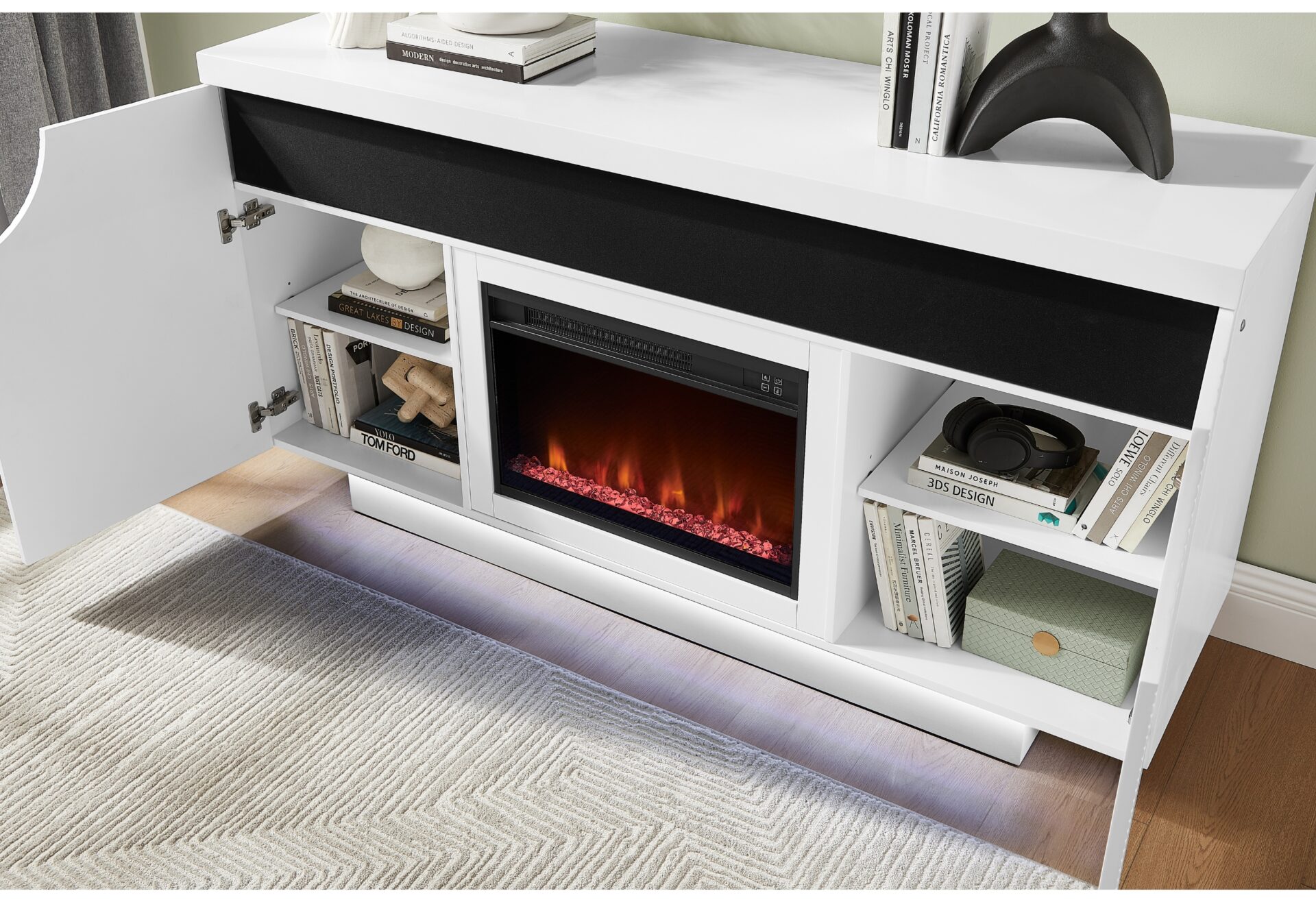 Aileen - 66" Entertainment Unit With LED, Speakers, Crystal Inserts And Pop Up Center Doors - White - Image 3