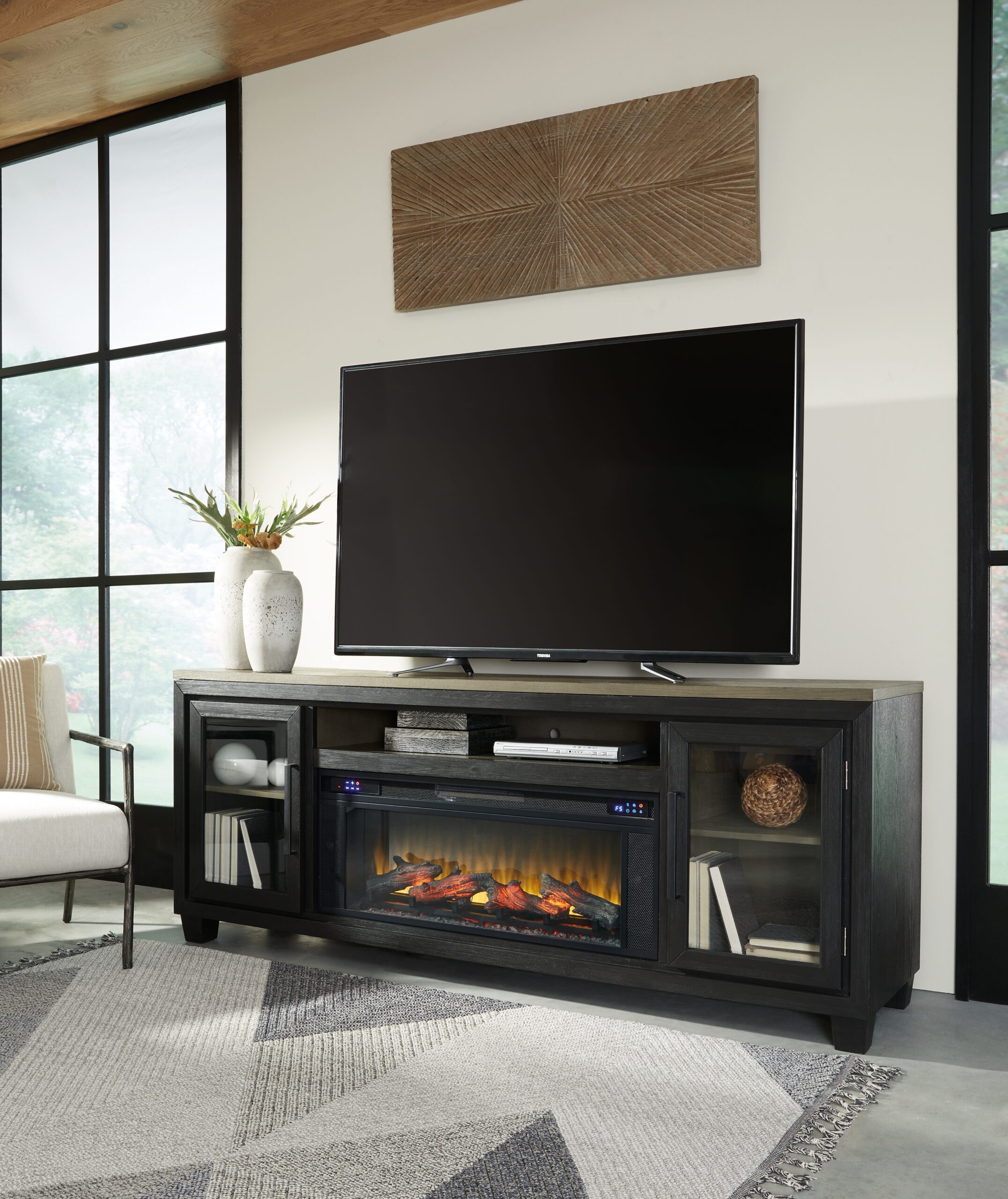 Foyland - 83" TV Stand With Electric Infrared Fireplace Insert - Black / Brown - Image 2