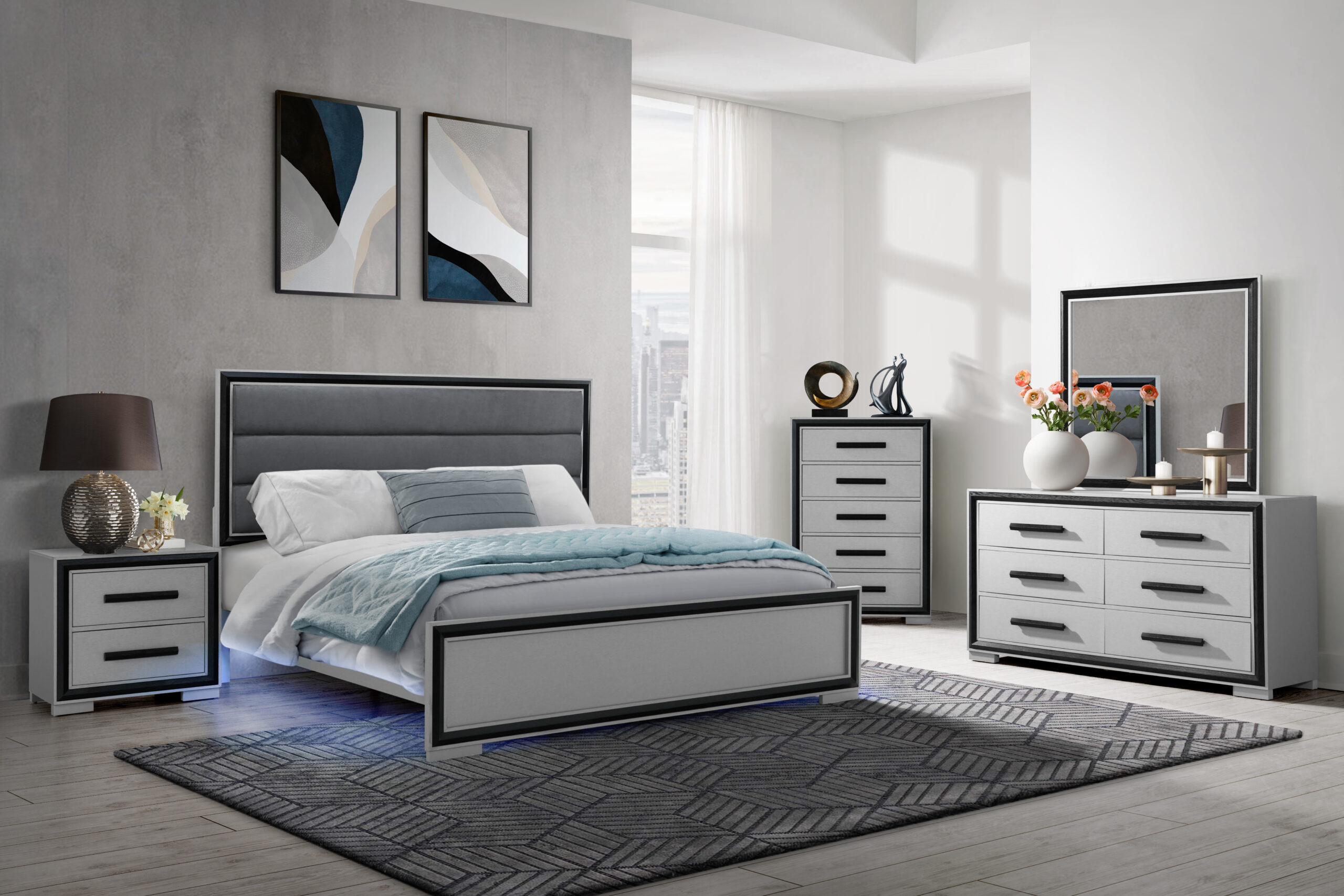 Amelia - 4 Piece Bedroom Set (Bed With LED, Dresser, Mirror And Nightstand) - Black / Gray - Image 6