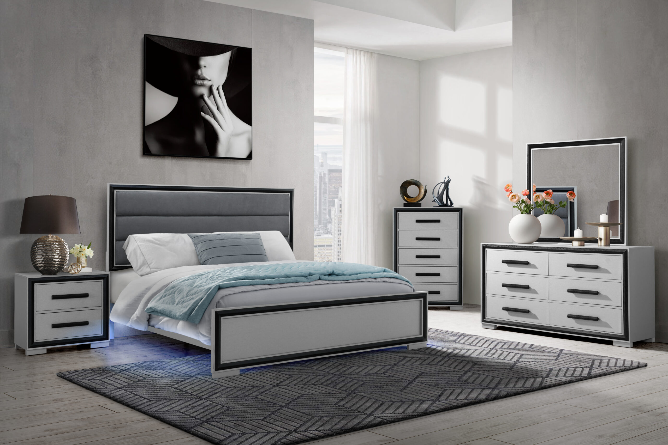 Amelia - 4 Piece Bedroom Set (Bed With LED, Dresser, Mirror And Nightstand) - Black / Gray - Image 7