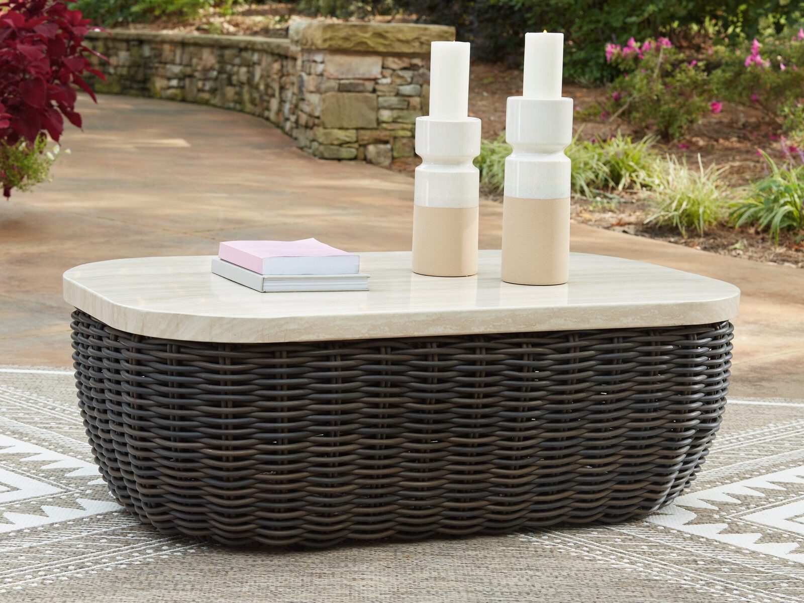 Kimora - 7 Pc. - 4-Piece Outdoor Sectional, Swivel Glider Lounge, Cocktail Table, End Table - Beige / Dark Brown - Image 9