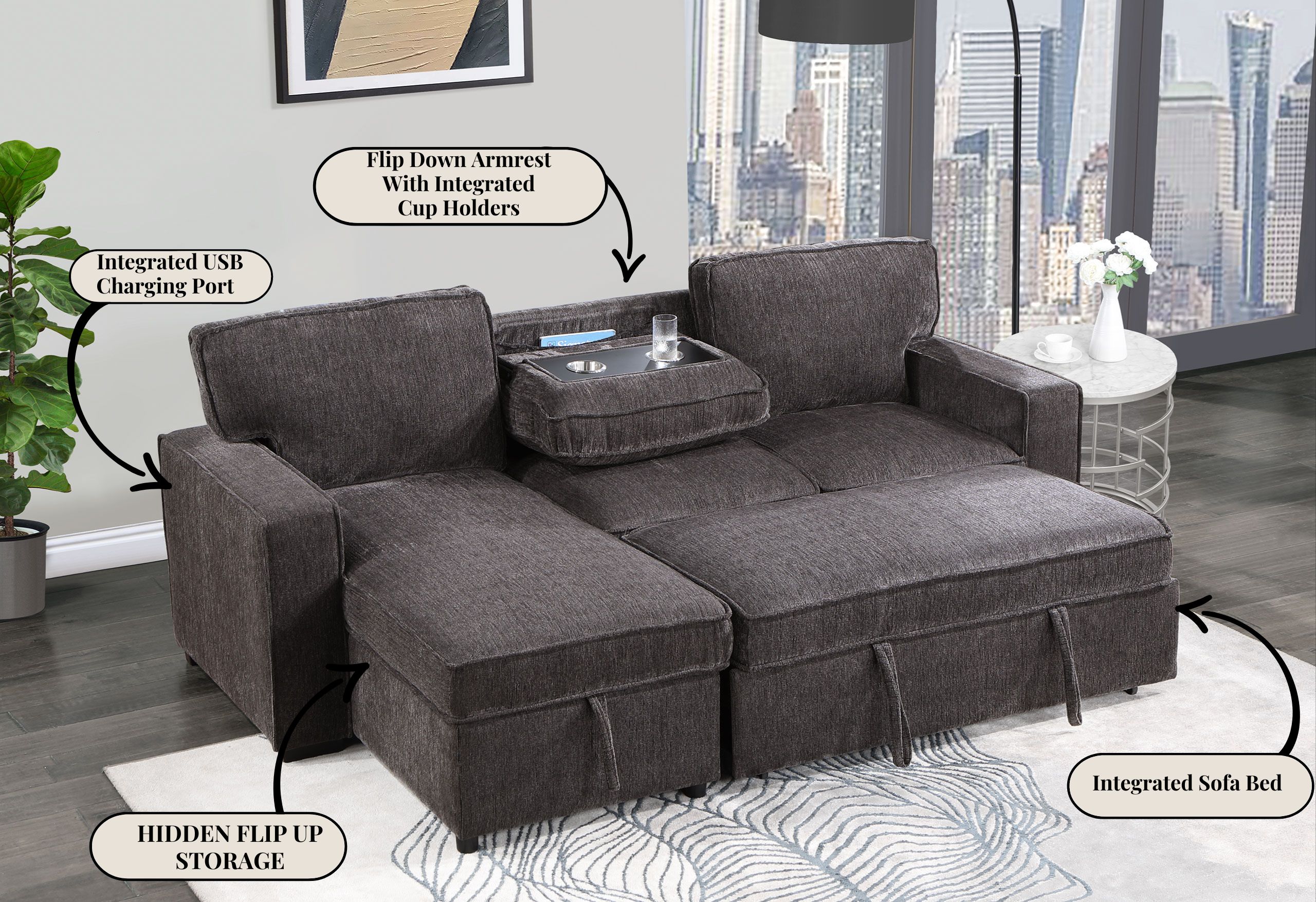 U0203 - Reversible Pull Out Fabric Sofa Bed - Dark Gray - Image 5